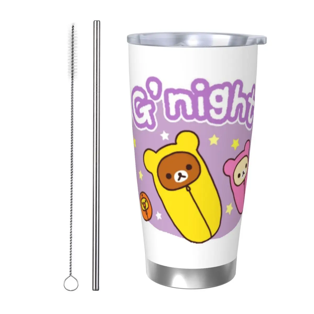 

Good Night Rilakkuma Стакан из нержавеющей стали с вакуумной изоляцией, термохолодная чашка, соломинка с крышкой, 20 унций