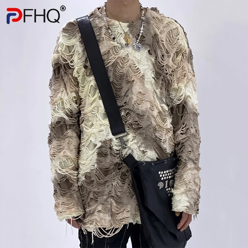 PFHQ Design Round Neck Loose Men's Silhouette Elasticity Vintage Tie Dye Tassel Round Neck Long Sleeve Male Tops 21Z7733