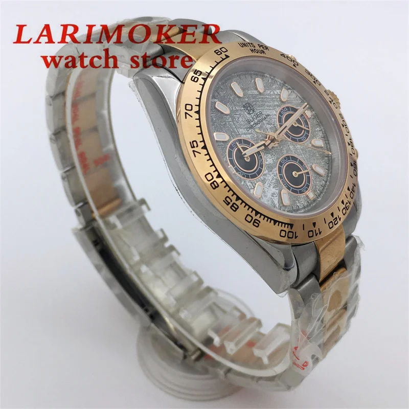 BLIGER 39mm cronógrafo de cuarzo para hombre movimiento VK63 cristal de zafiro esfera gris pulsera de oro rosa plateado