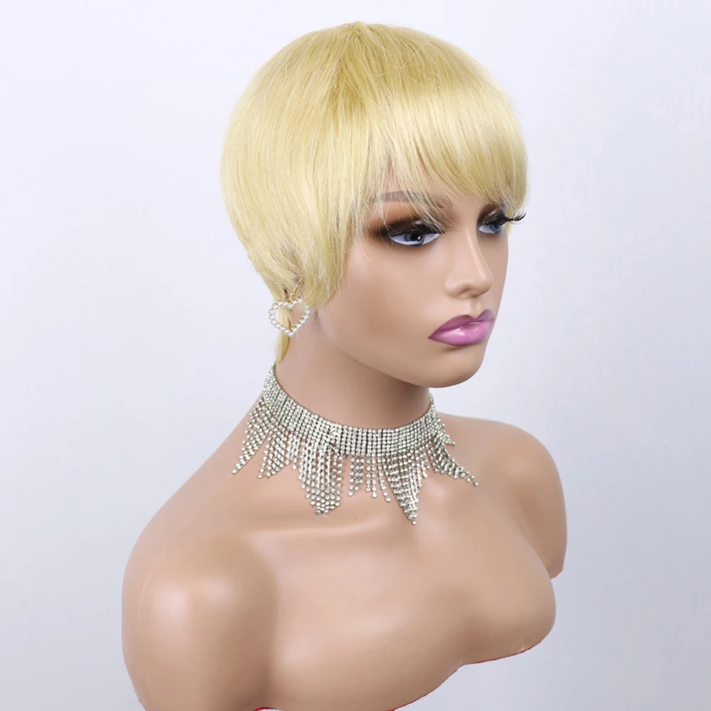 Short Bob Straight Human Wigs with Bang for Black Women 613 Blonde Brazilian Virgin Hair Pixie Cut Wig 8inche Cheap Glueless Wig