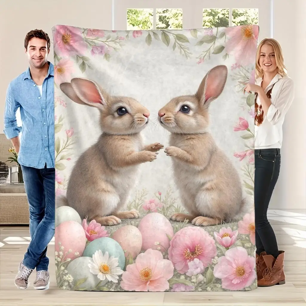 Easter Bunny Blanket Cute Rabbits With Pastel Eggs And Pink Flowers Soft Fleece Throw Cozy Home Decor Gift For Spring Lovers