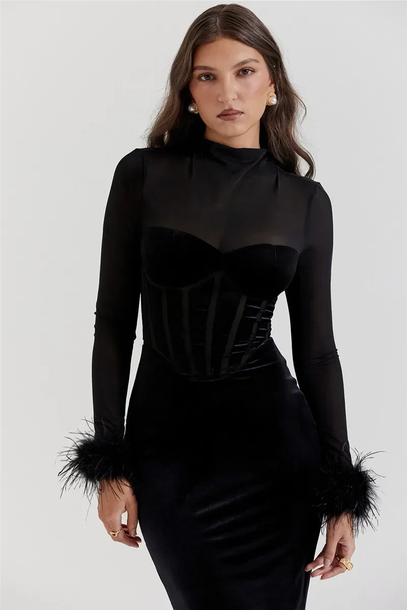 Nowa elegancka spódnica z piórami Mozision dla kobiet czarna moda przezroczysta jednolita rękaw Bodycon z odkrytymi plecami klubowa długa sukienka na imprezę CSM2YL23648