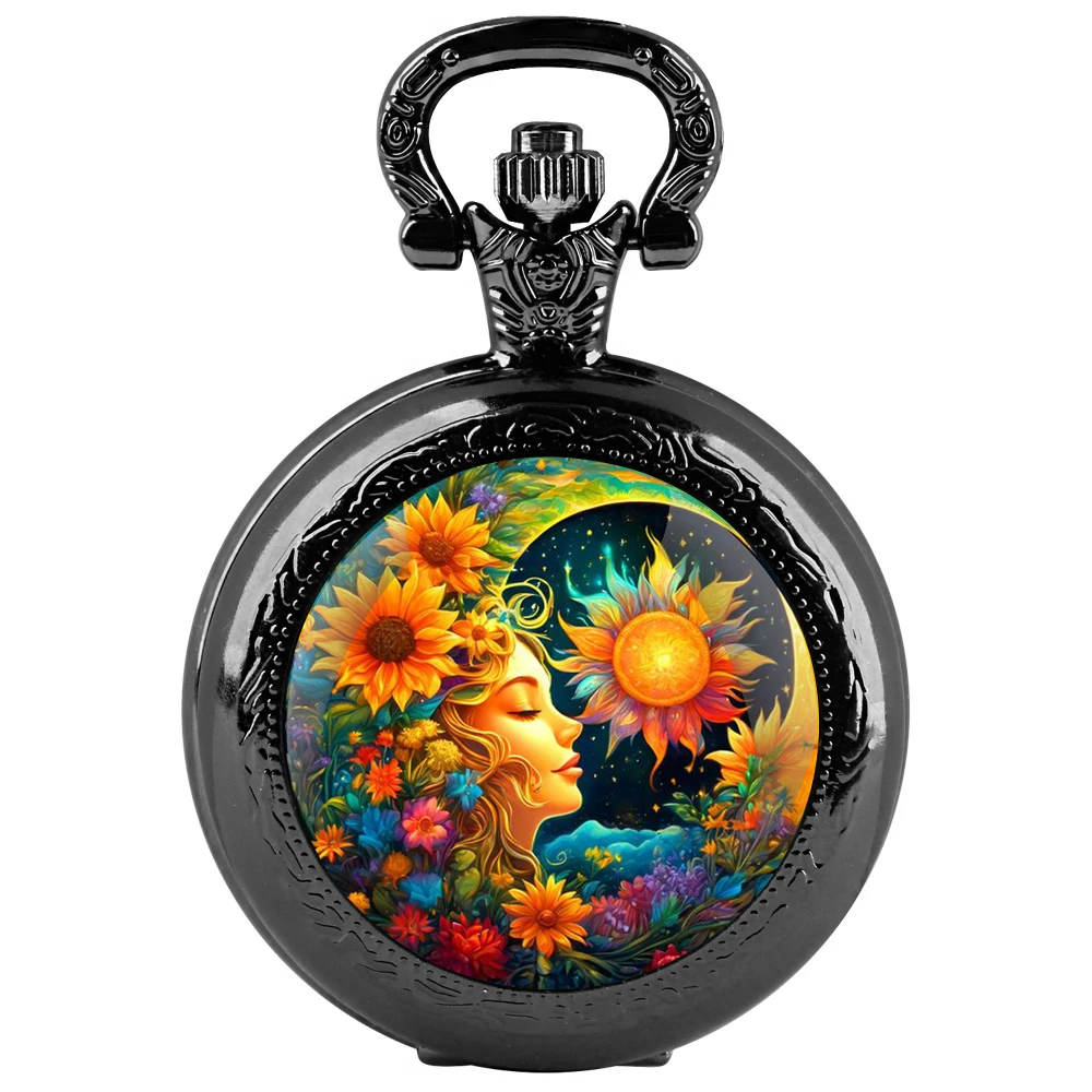 Orologio da tasca al quarzo nero con cupola in vetro della dea del girasole con quadrante con numeri arabi e catena resistente, regalo per uomini e donne