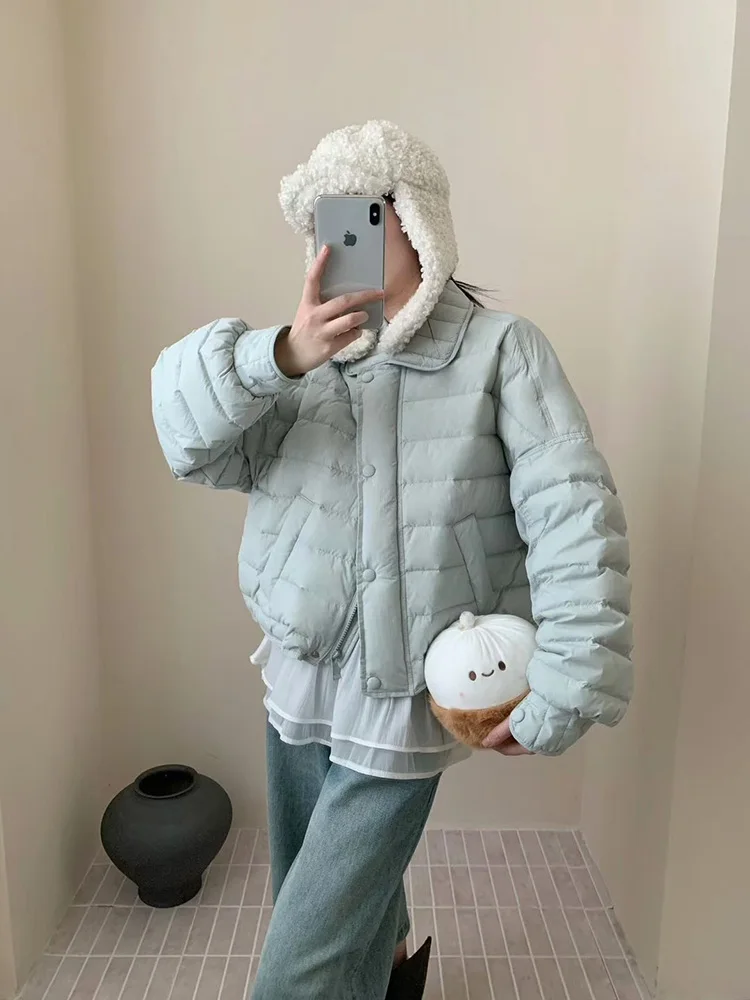 Korean version 2025 winter loose fit slimming versatile lapel down jacket women's short warm white duck down jacket