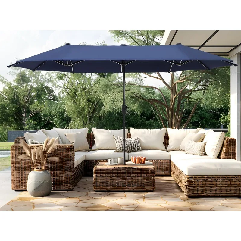 13ft Outdoor Market Umbrella Double-Sided Twin Large Patio Umbrella with Crank, Navy Blue