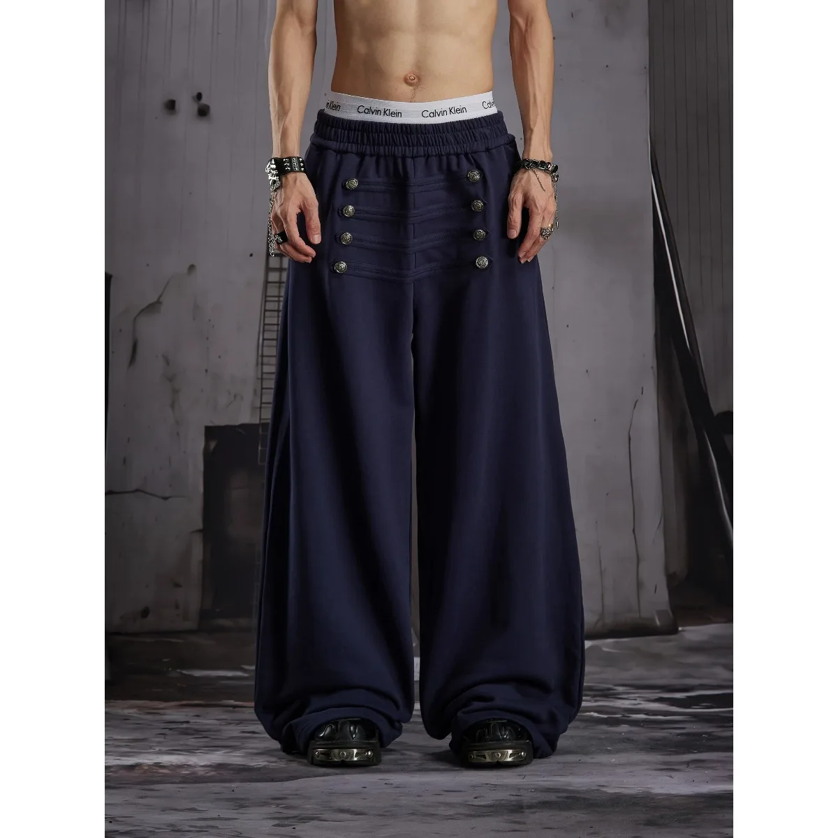 American Retro Court Loose Elastic Waist Sweatpants Men's Commuter Casual Drapey Multi-Button Wide Leg Pants
