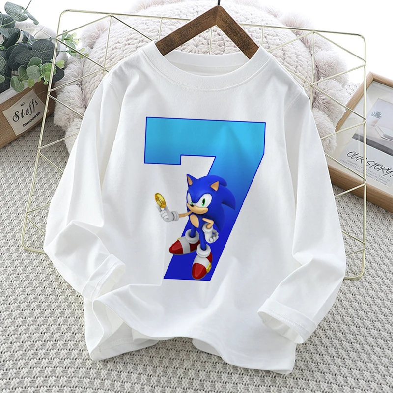 New Sonics Kids Long-sleeved T-shirt Cartoon Birthday Number 1-10 Printed T-shirt Boy Casual Sports Tops Autumn Children Clothes