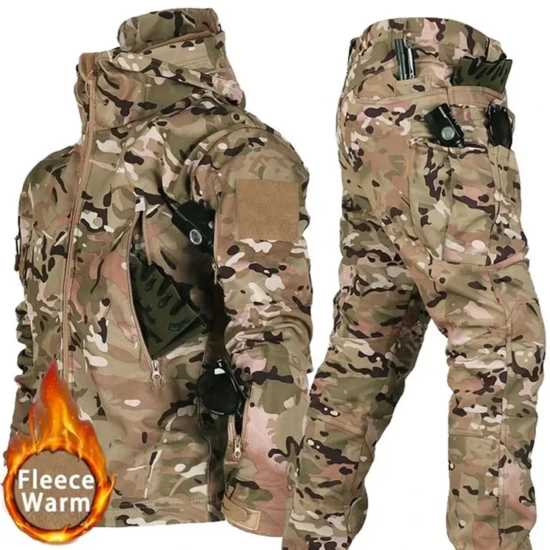 Camo Hooded Fleece Tactical Set Mens New Waterproof Thick Shark Skin Soft Shell Jackets Male Warm Multi-pocket Hiking Pants