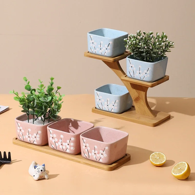 Mini Plant Flower Pot Oval Shape Bamboo Wood Plant Tray Stand Favor Succulent Pot Tray Simple Elegant Design Home Balcony