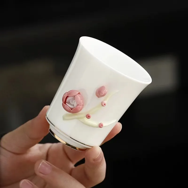 

Handmade Floral Embossed Carved Relief Porcelain Tea Cup 80ml Chinese Kungfu Ceramic Cup for Ladies Holiday Gift