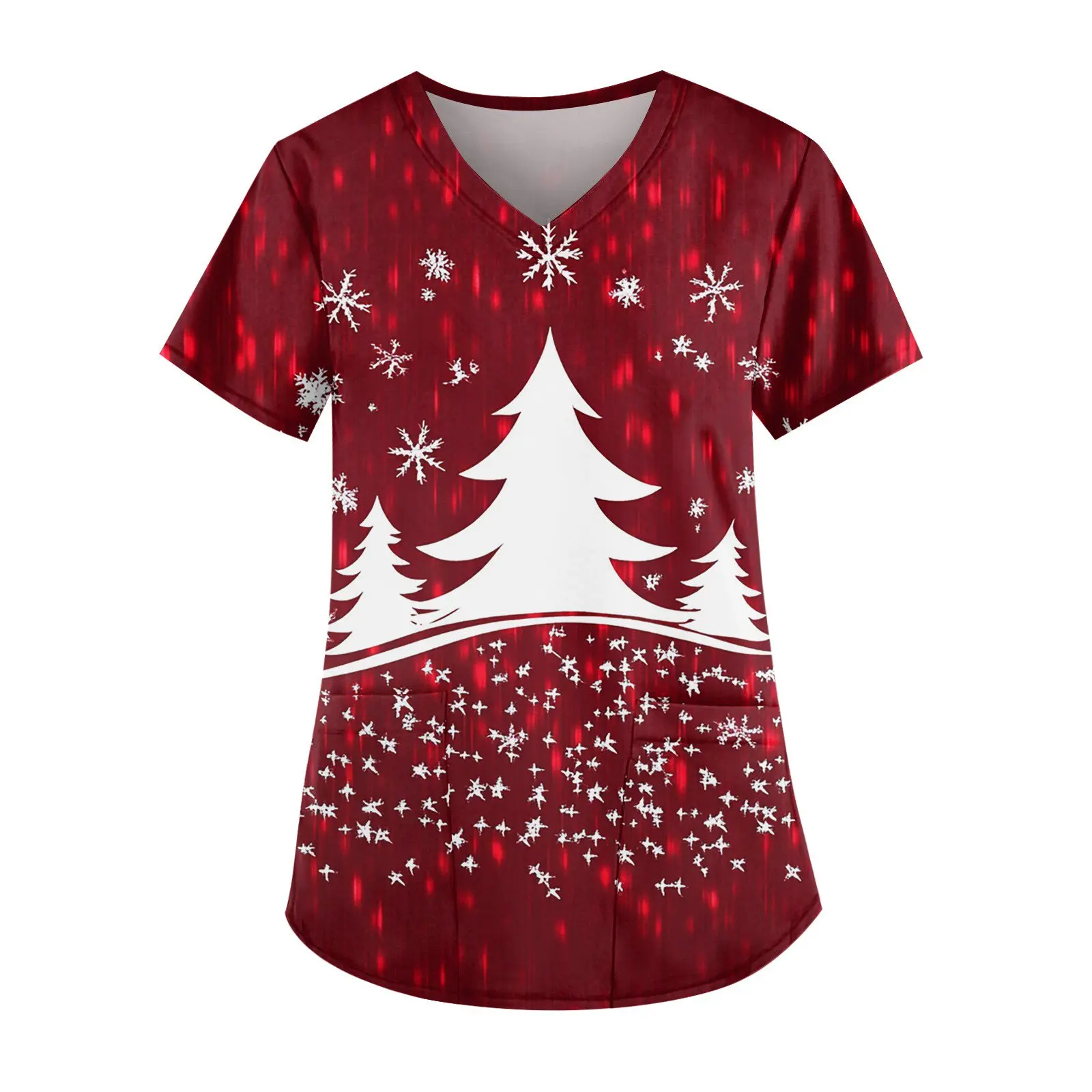 女性用プリント衣類,伸縮性生地,Vネック,半袖,ポケット,ミニマリストトップ,通気性,クリスマスウェア,2018
