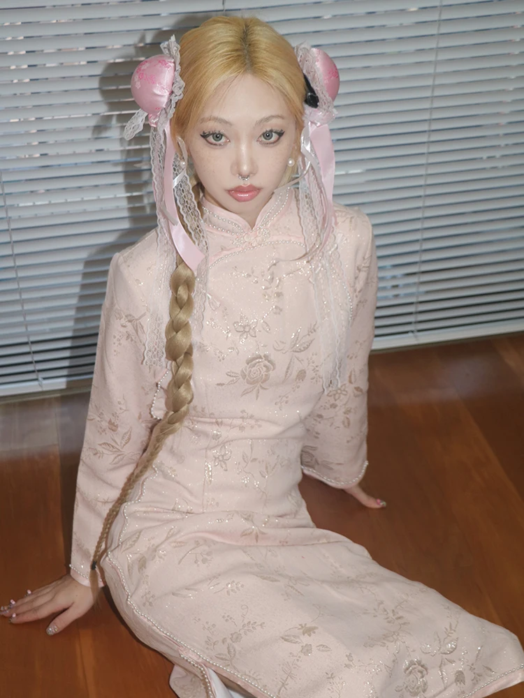 

Warm Fce Lined Silk Chiffon Pearl Embroidered Traditional Chinese Ele Pink Floral Patterned Vintage Sle Dr