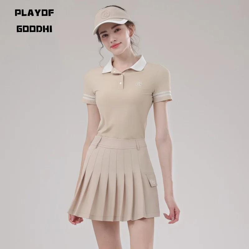 PL Women's Golf Wear Polo Collar T-shirt Pleated Short Skirt Lady Short Sleeve Quick Drying Tops High Waist A-lined Skorts Suits