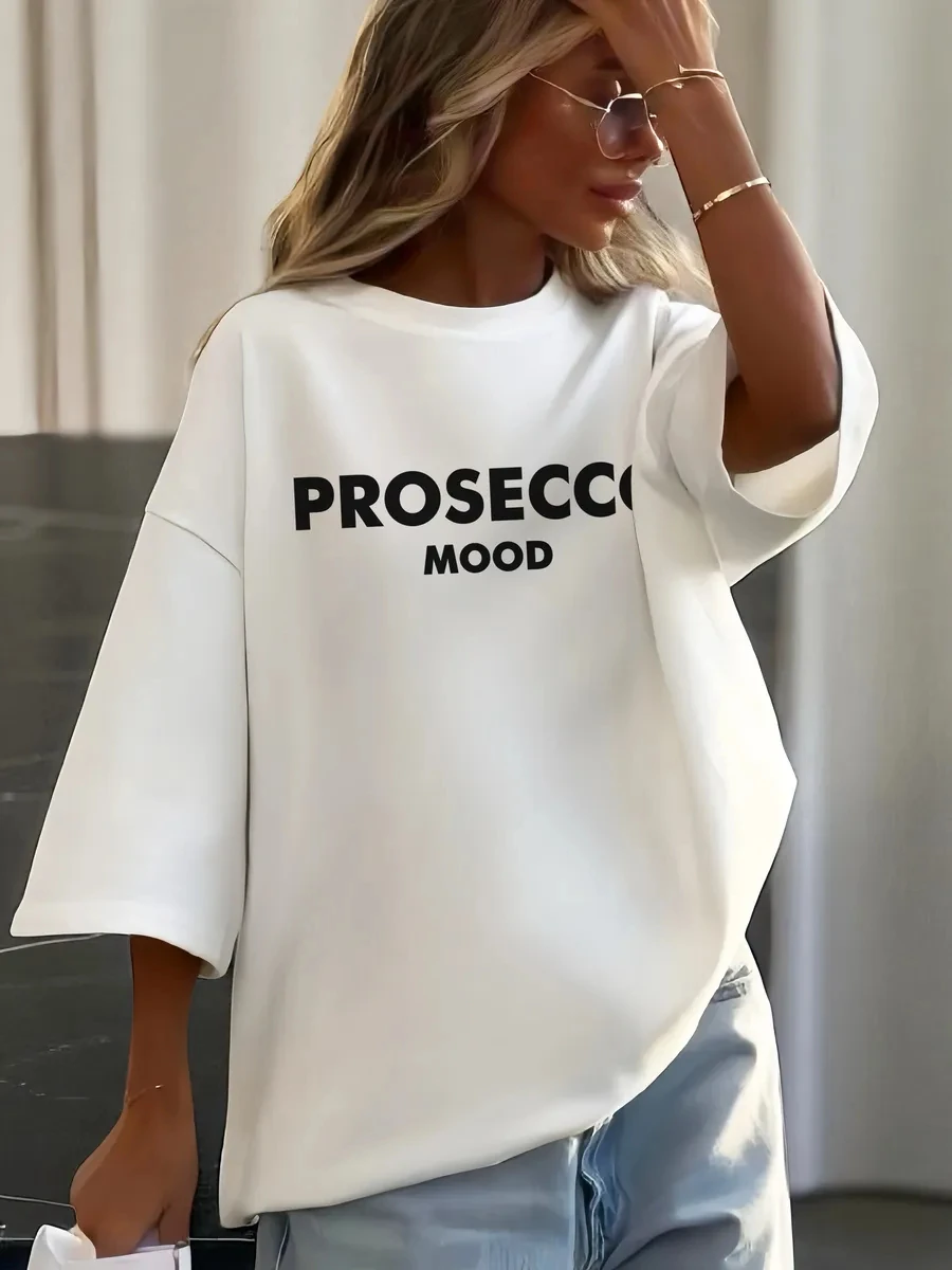 Oversized T Shirt Women Prosecco Mood Letter Print Short Sleeve Casual Loose Tee Summer Harajuku Streetwear Female Tops