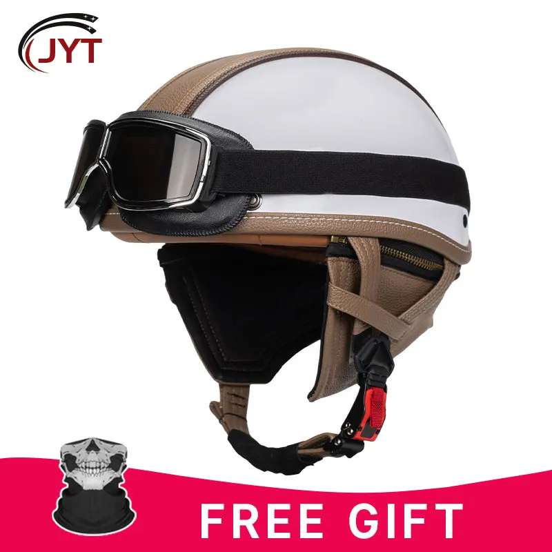 

Leather Half Face Helmet Low Profile Motorcycle Helmets Retro Vintage Motorbike Riding Helmets Men Women Scooter Helmet DOT