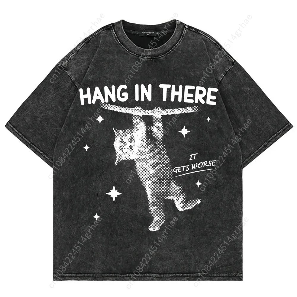 100% Cotton Vintage Washed Y2k Funny Cat Meme T Shirt Fashion Men/Women Aesthetic Graphic Oversize Loose Acid Wash Tees Shirts view 5