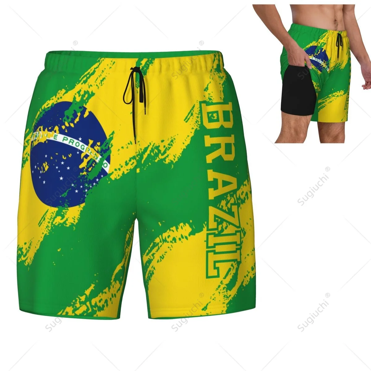 

Brazil Flag Color 3D Mens Swimming Beach Surfing Pants Swim Shorts Trunks Compression Liner 2 in 1 Quick-Dry