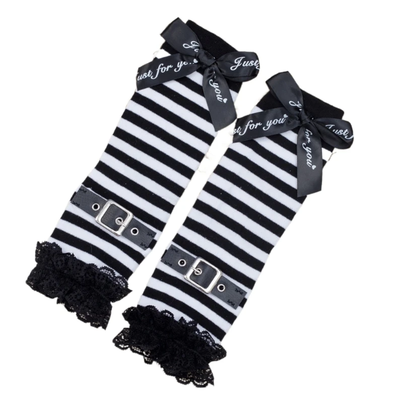 New Punk Gothic Striped Fingerless Gloves Harajuku Y2K Lace Cuffs Hiphop Arm Warmers Thumbhole Elbow Gloves for Women Men