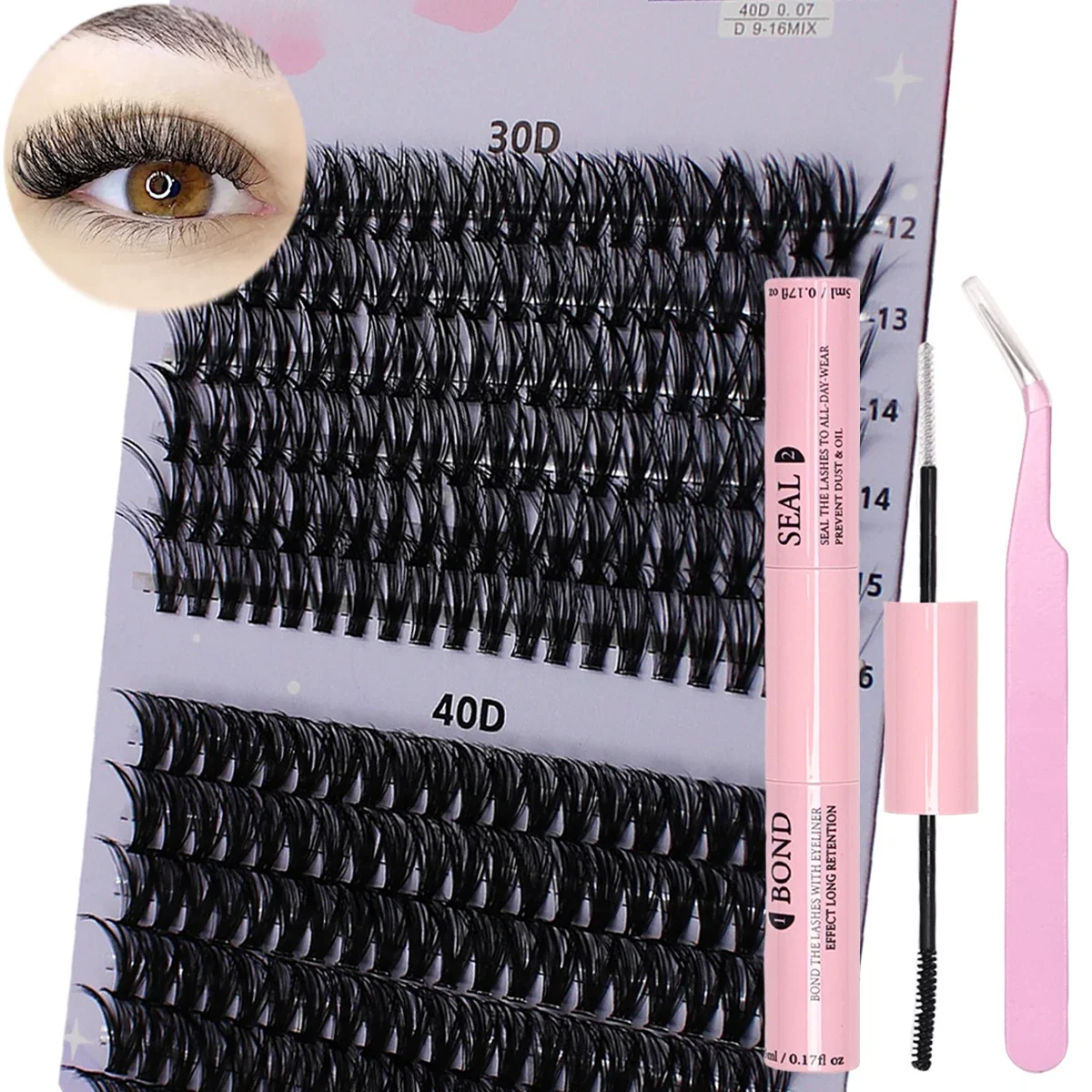 DIY False Eyelashes Extension Kit - 240pcs Lash Clusters with Tweezers and for Eye Makeup Tools,Eyelash Adhesive and Sealant