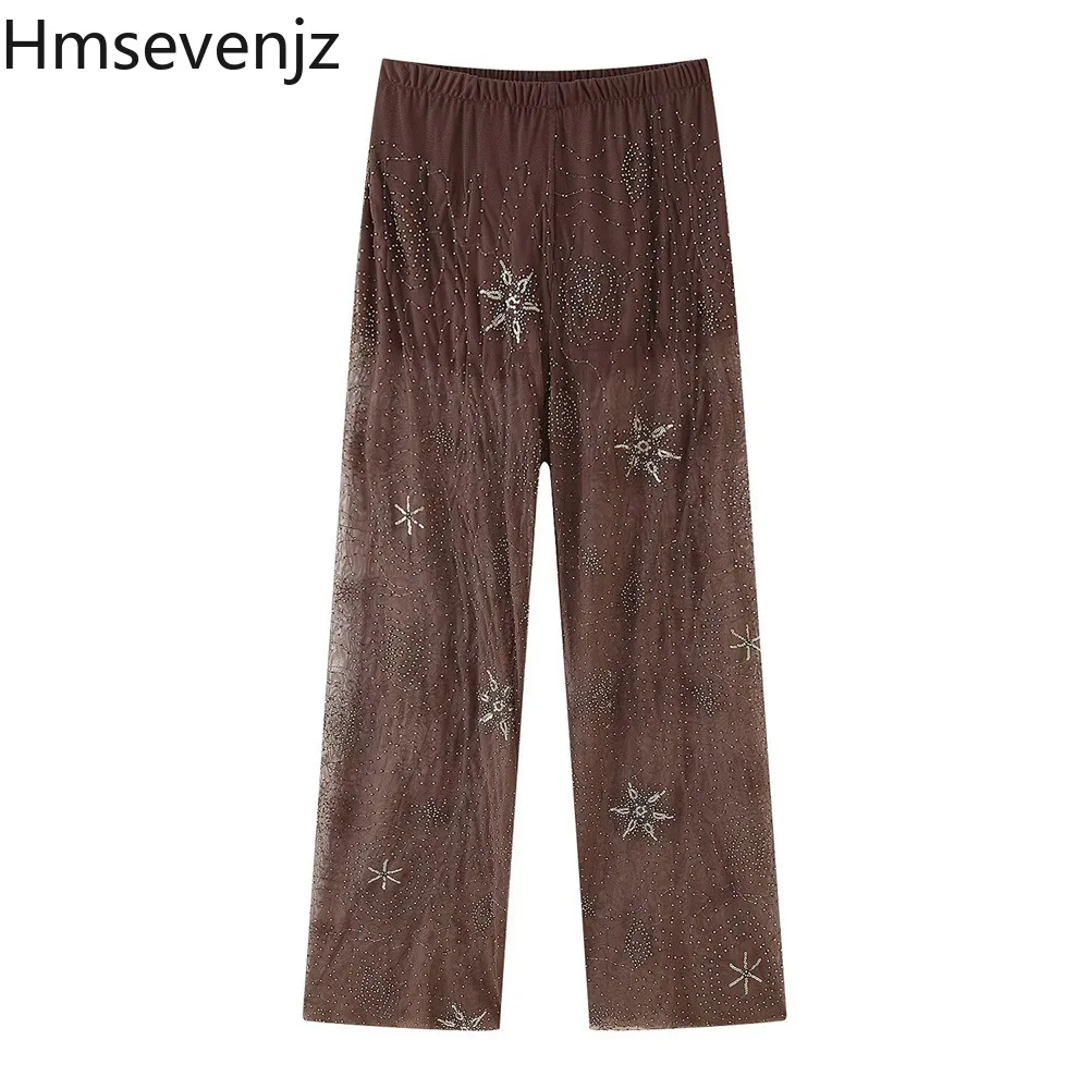 

Hmsevenjz Beading Transparent Elastic Waist Pants Women's Summer High Waisted Mesh Wide Leg Casual Pants Fashion Female Clothes