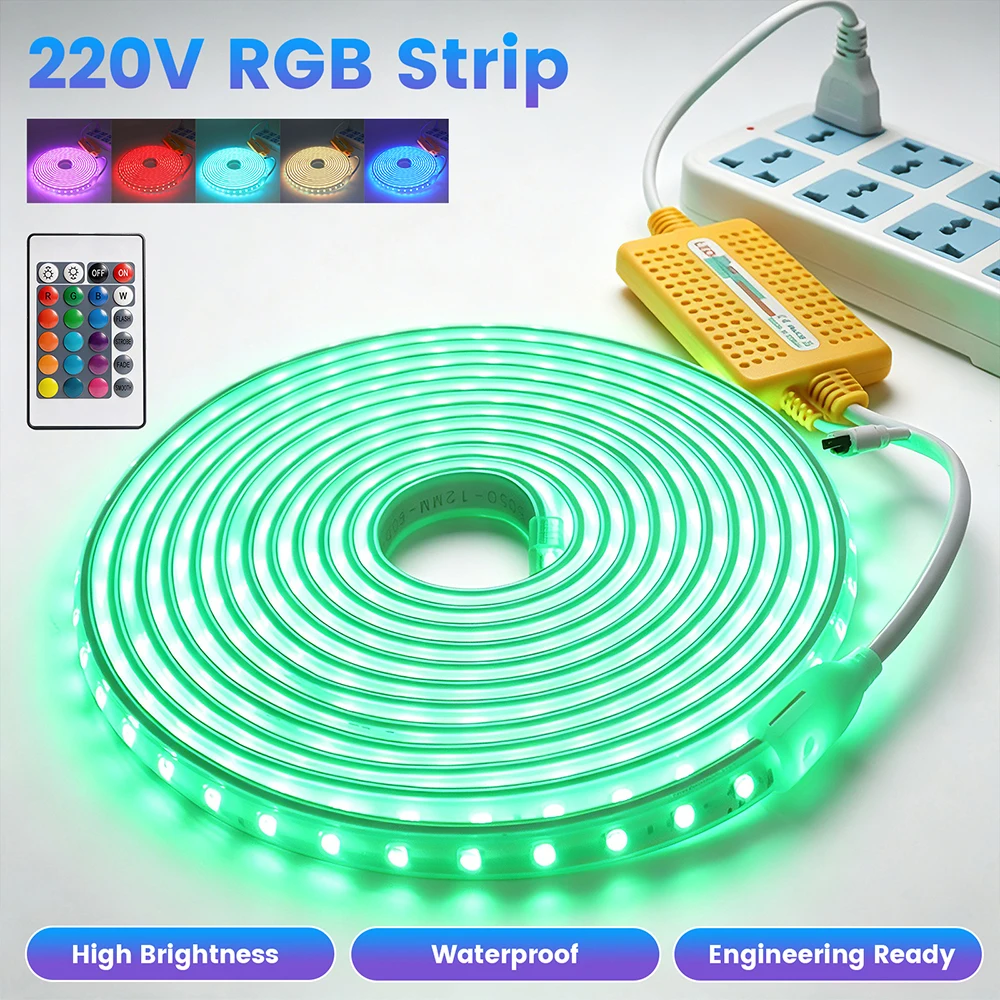 220V RGB LED Strip 5050 SMD Waterproof Flex Ribbon EU Power with 24Key Remote for Bedroom DIY Decorative Lighting 1m 5m 10m 15m