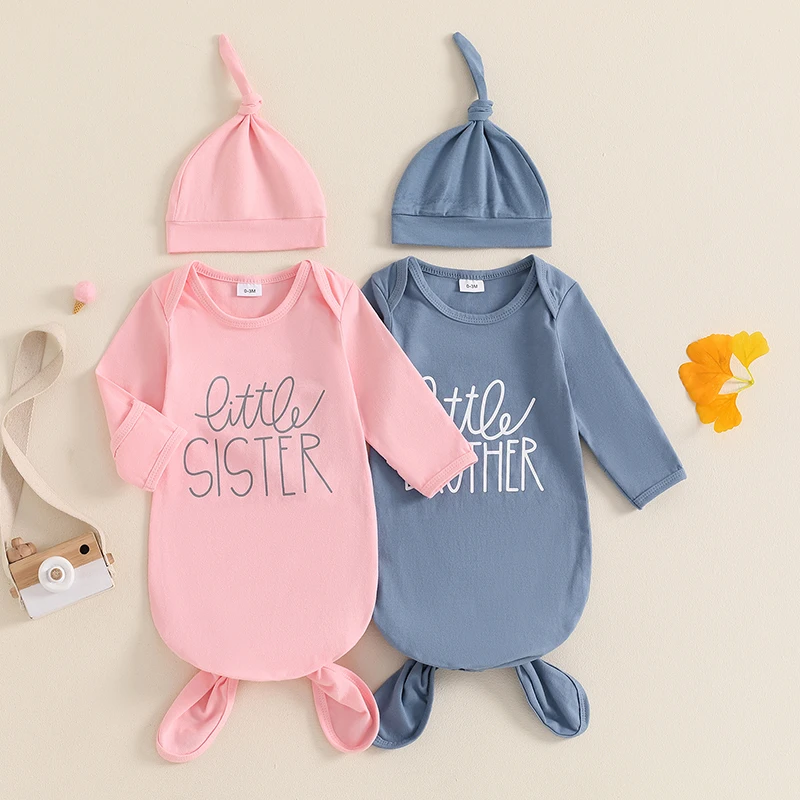 0-3M Newborn Tied Sleeping Bags Letter Print Long Sleeve Knotted Swaddle Baby Sleep Sack with Matching Hat