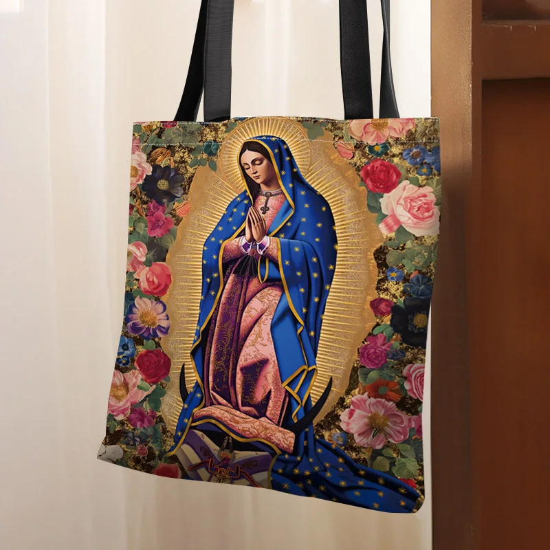 Virgin Mary Tote Vibrant Floral and Gold Design Reusable Polyester Shopping Bag for Everyday Use Vacation and Work Pouch