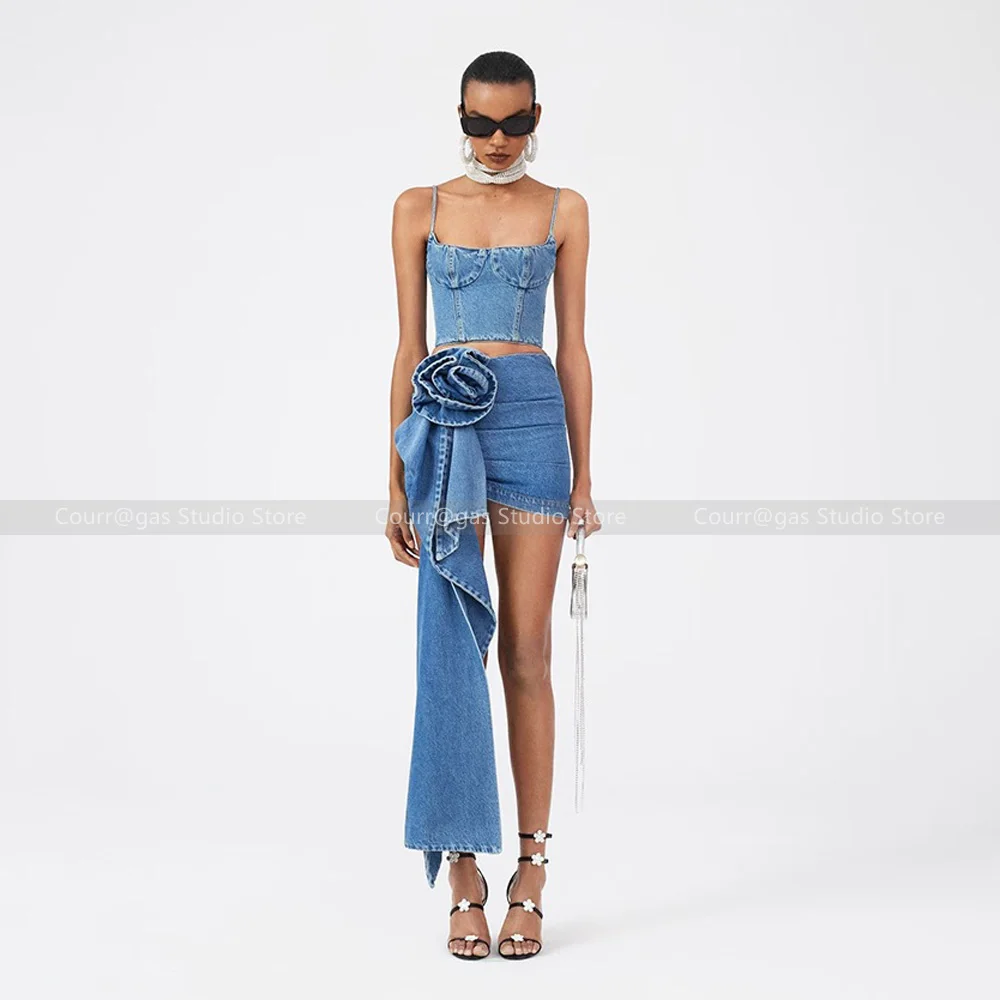 

2024 Spring and summer new fashionable niche three-dimensional camisole top + rose mini denim semi-skirt suit female