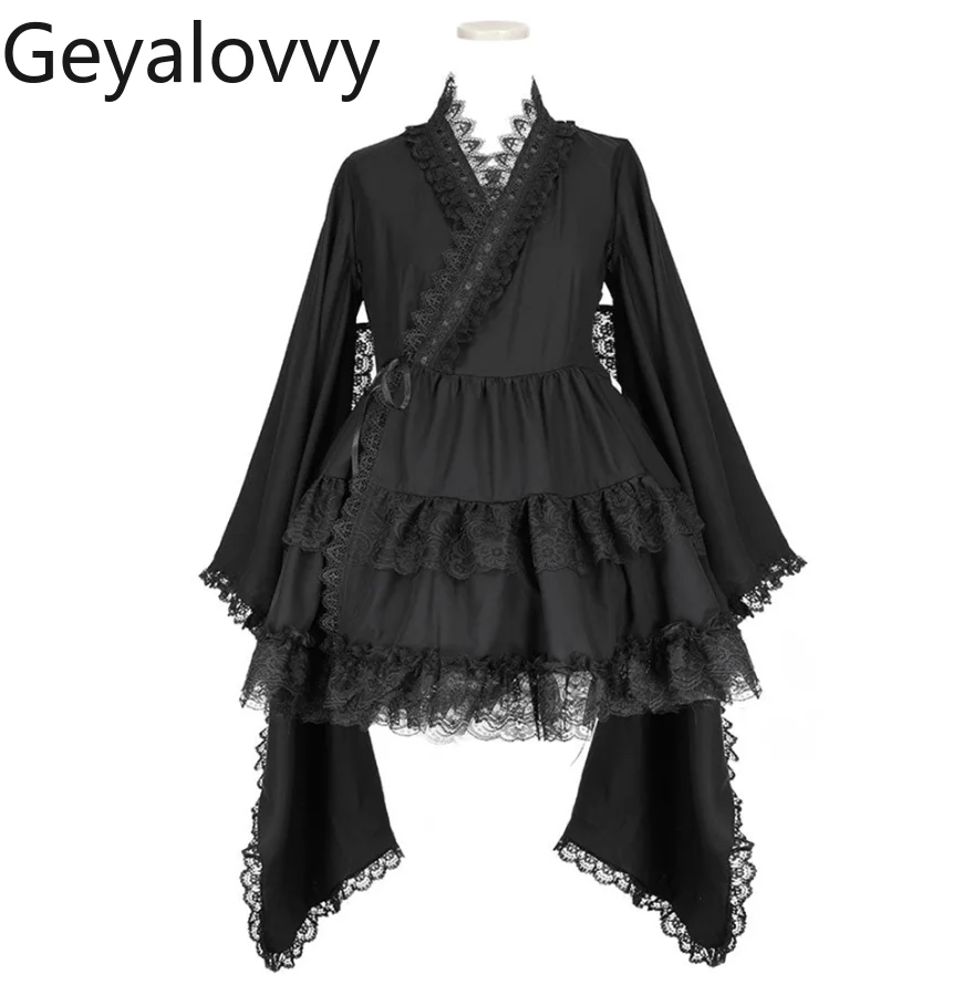 

Japanese Style Lolita Sweet Girls Hollow Lace Solid Color Dress Retro Horn Long Sleeve Slim Fit Improved Dresses for Women