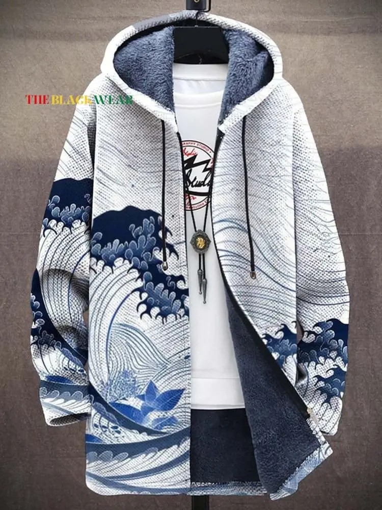 

Japanese Ukiyo-e Waves Unisex Plush Thick Long-Sleeved Sweater Cardigan Coat Men's Thick Warm Jacket