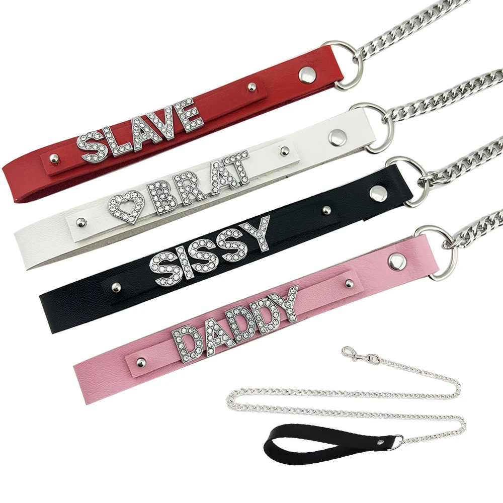 Rhinestone  Slave Leash Custom Sexy Goth Bondage Crystal Letter Name Collar Chain Cosplay Accessory