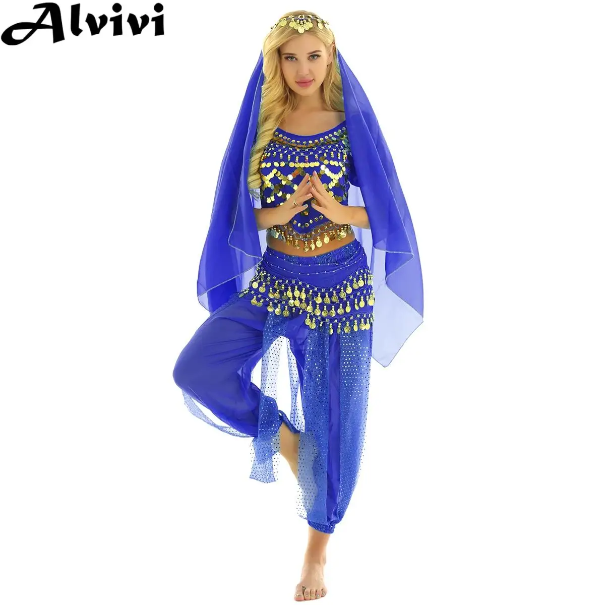 

Women Belly Dancing Performance Costume Short Sleeve Sequin Crop Top with Harem Pants Hip Scarf Headscar for Indian Dance Show