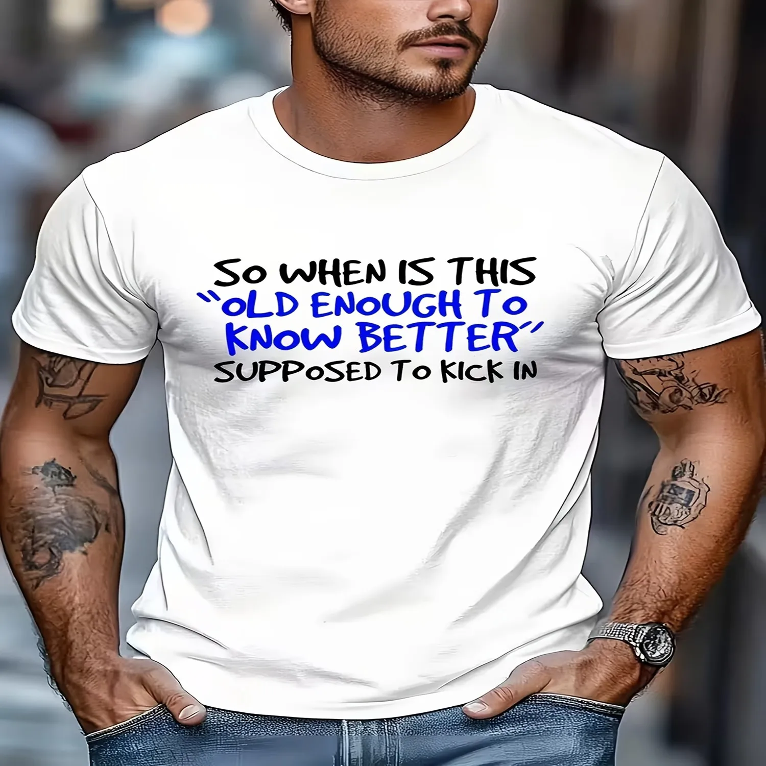 Men'S Outdoor Leisure Sports T-Shirt, Men'S Funny Satirical Quotes T-Shirt - _When Did 'Old Enough to Be Sensible' Begin__ Black, White And Yellow Print, Slightly Elastic Knitted Fabric, Comforta lightweight tshirt, unisex t-shirt