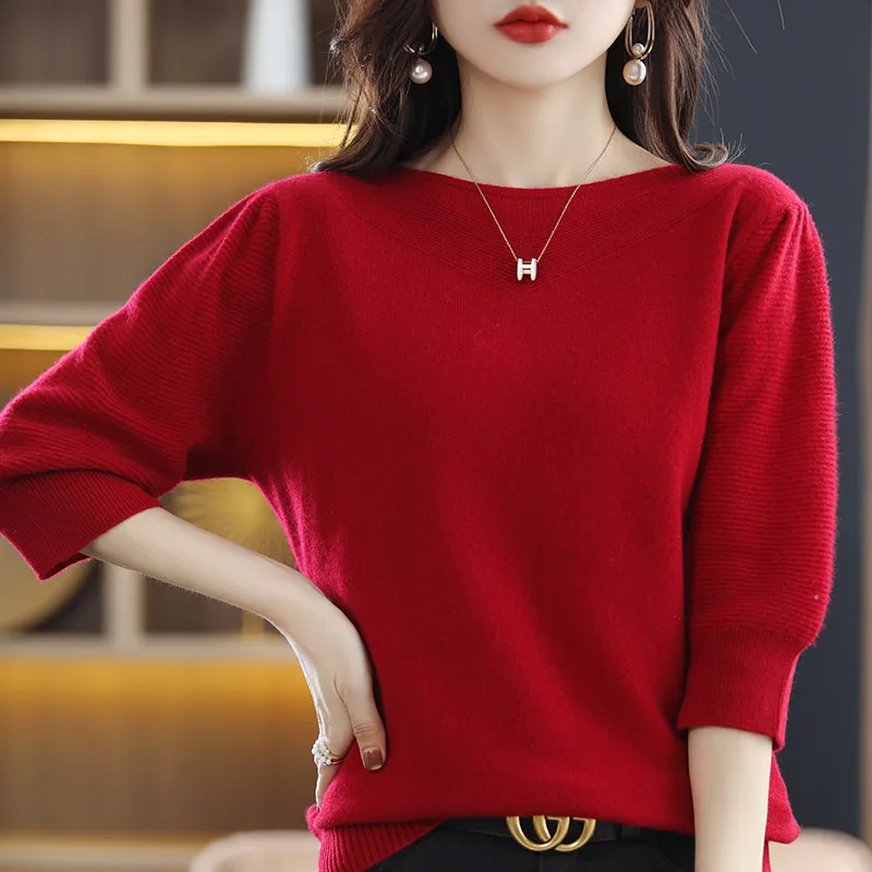 

100% Pure Wool Sweater Women's Short-sleeved O-neck Five-point Sleeve Knitted Pullover Seven-point Sleeve Loose Sweater T-shirt