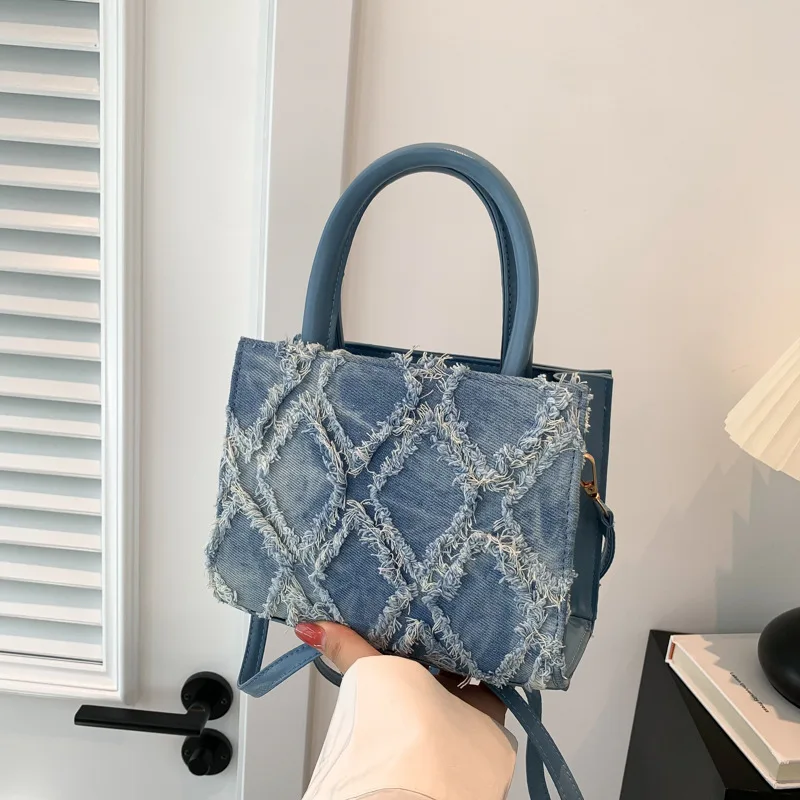 Tote Bag New Trendy Denim Tassel Women's Fashion Handheld Handbag Square Bag Shoulder Crossbody Bag Lady Purse Bag