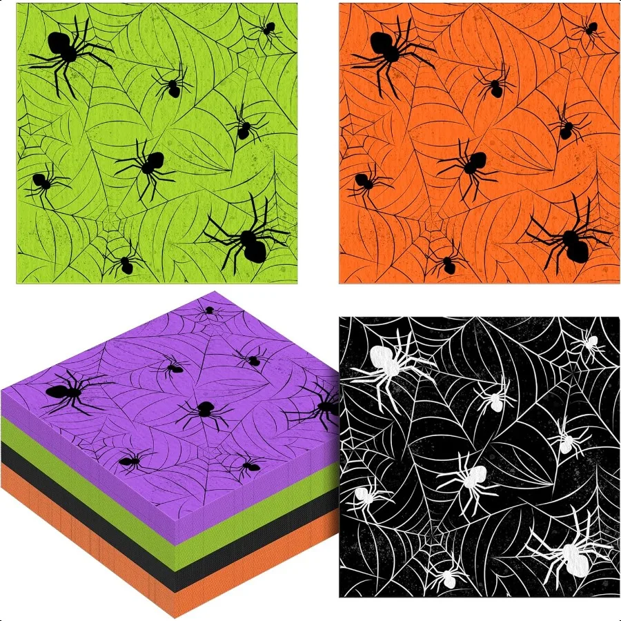 100 قطعة مناديل الهالوين على شبكة العنكبوت مناديل كوكتيل ورقية للحفلات والغداء والعشاء 4 ألوان لتزيين الطاولة المشروبات T