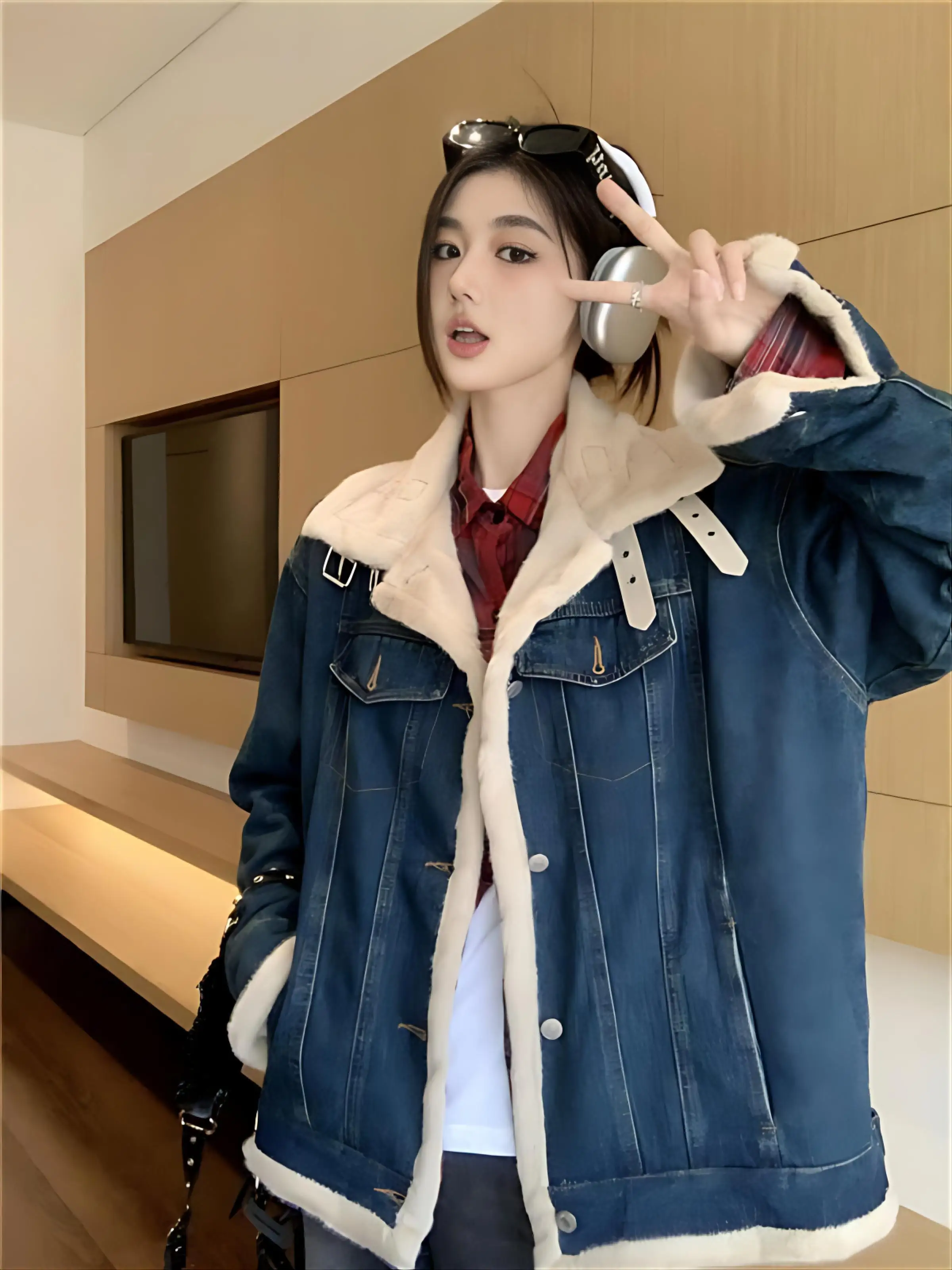 

Джинсовое пальто для женщин, темное меховое плюшевое женское зимнее стеганое бархатное пальто на флисовой подкладке на кнопках в консервативном стиле, школьные поездки на работу, Baddie