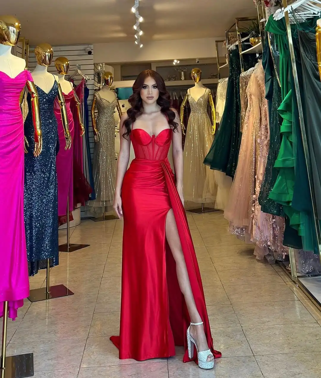 

Customized Sparkly Satin A-Line Spaghetti Straps Evening Dresses Strapless Sleeveless Panel Train Bespoke Occasion Gowns