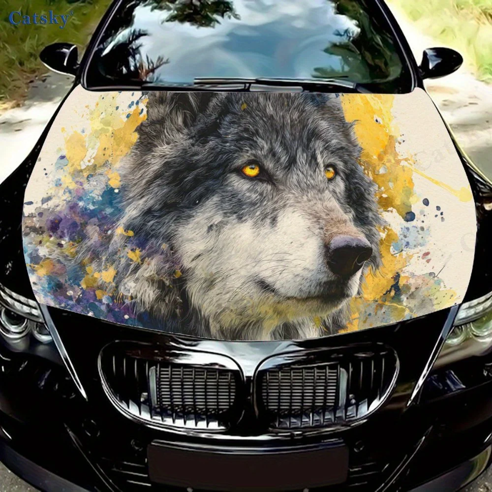 

Желто-синий брызги и серый волк, наклейка на капот автомобиля, персонализированная и модная авто художественная наклейка, самоклеящаяся водонепроницаемая наклейка на экстерьер автомобиля