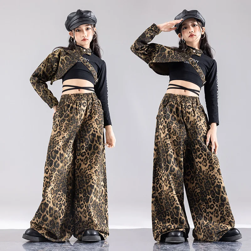 Hip Hop Sets Mädchen Crop Top Leopard Manschette Cargo Hosen Kind Streetwear Shorts Kinder Jazz Street Dance Kleidung Mädchen Gruppe Kostüm