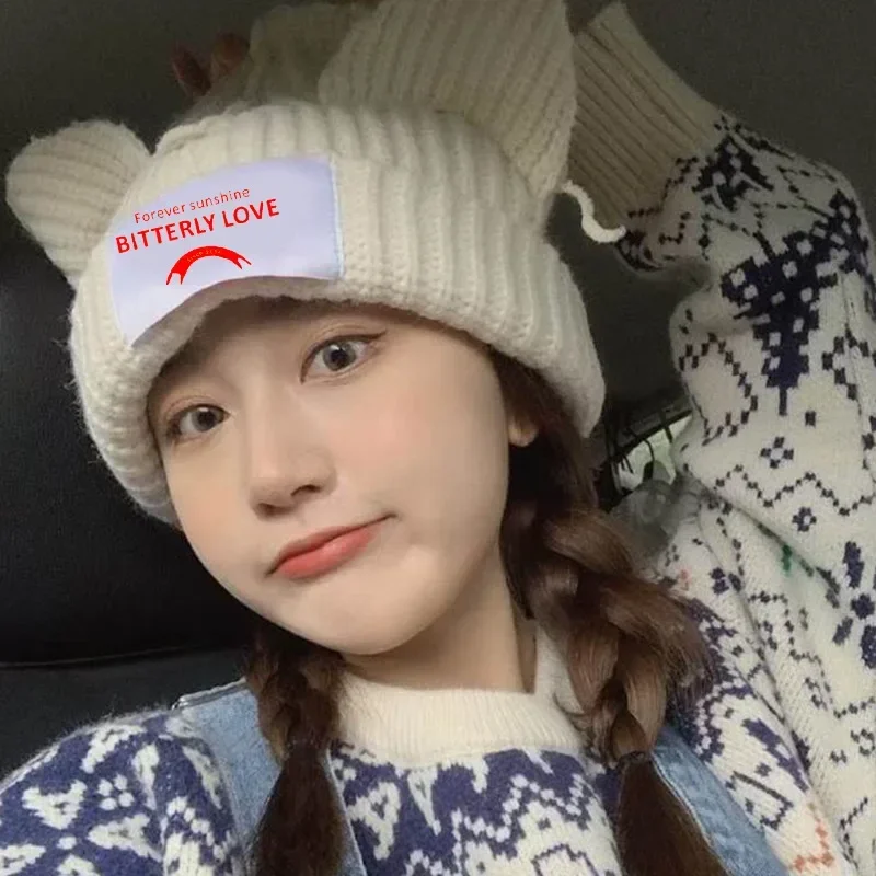 Funny Cat Ear Knitted Wool Hats Women Hip-hop Design Kpop Hooded Caps Gothic Kawaii Handmade Beanie Personality Bonnet Hat