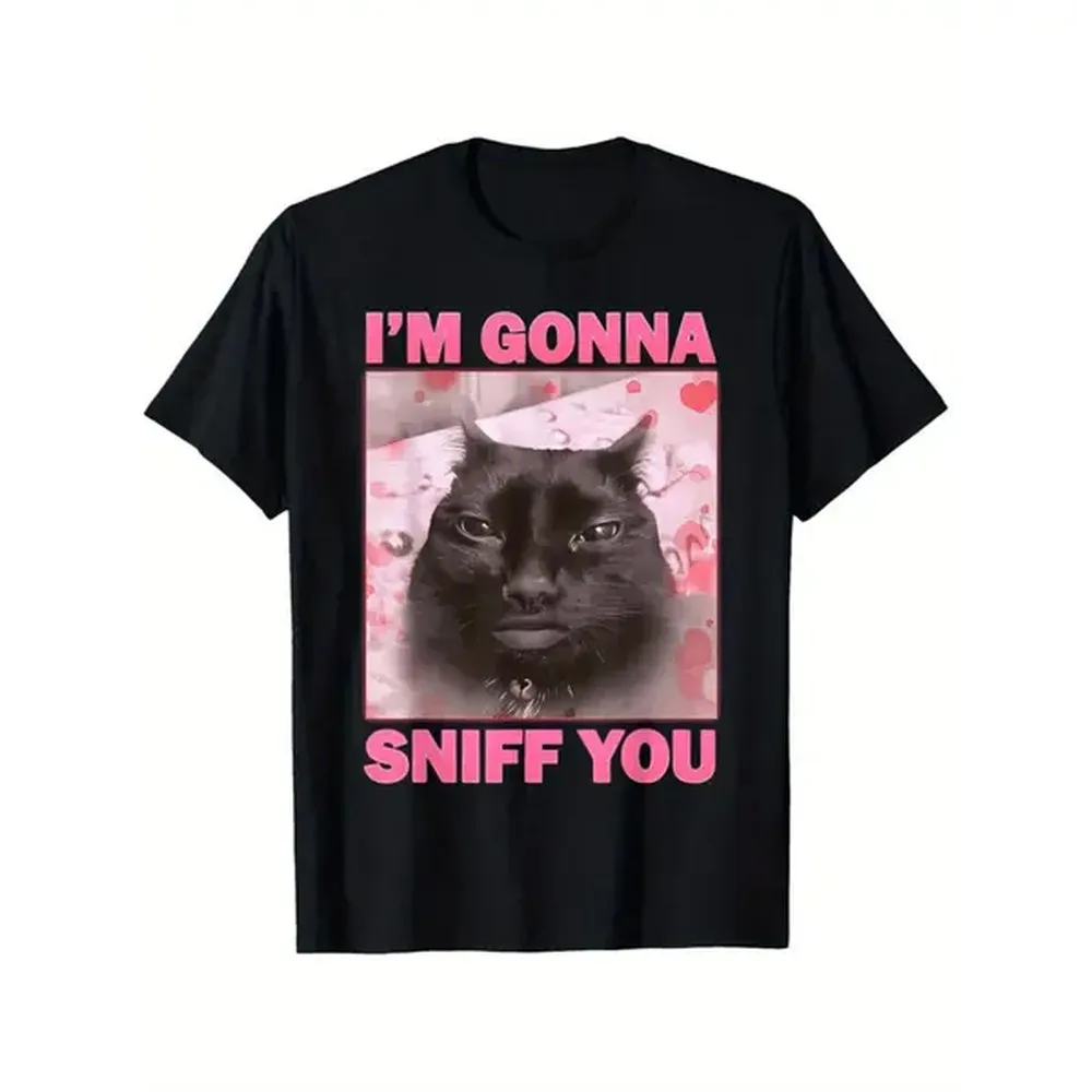 100% Cotton I'M Gonna Sniff You Funny Brainrot Cat Graphic T-Shirt, 180Gsm Soft & Breathable Regular Fit Casual Round Neck Tee For Men & Women, Summer Comfortable Unisex Gift Funny Cat T Shirt, Comfortable Clothing | Playf T-Shirt For Men and Women