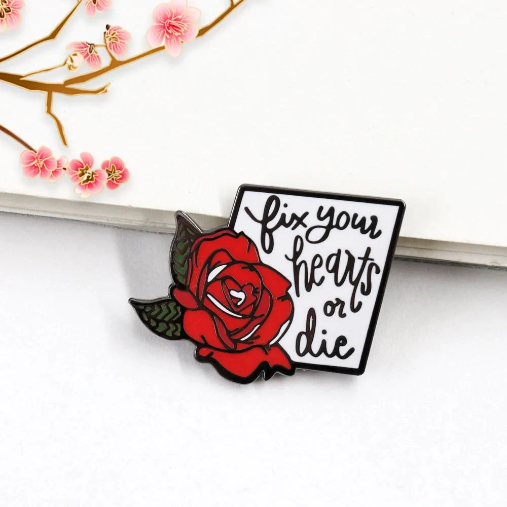 Fix Your Hearts Or Die Enamel Pin Red Rose Metal Badge Twin Peaks Fans Gift