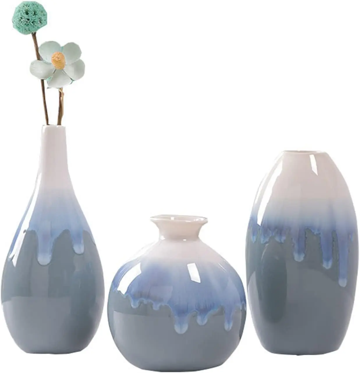 3Pcs Ceramic Flower Vase Set Gradient Blue White Glaze Vase Modern Home Tabletop Decor Vase for Dried Flowers