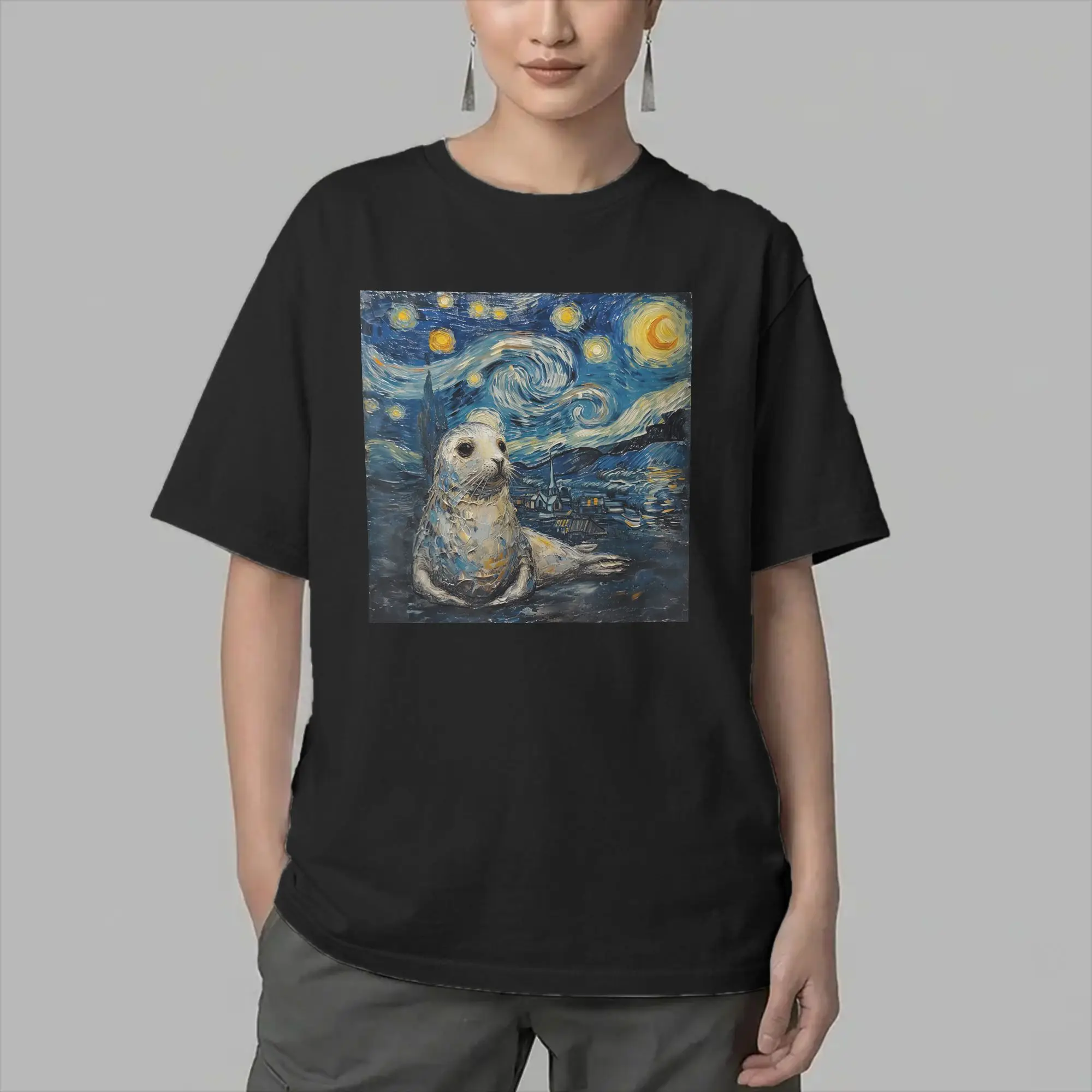 Neil the Seal Starry Night Men's T Shirts  Cool Tee Shirt Short Sleeve O Neck T-Shirt Cotton Graphic Printed Clothes