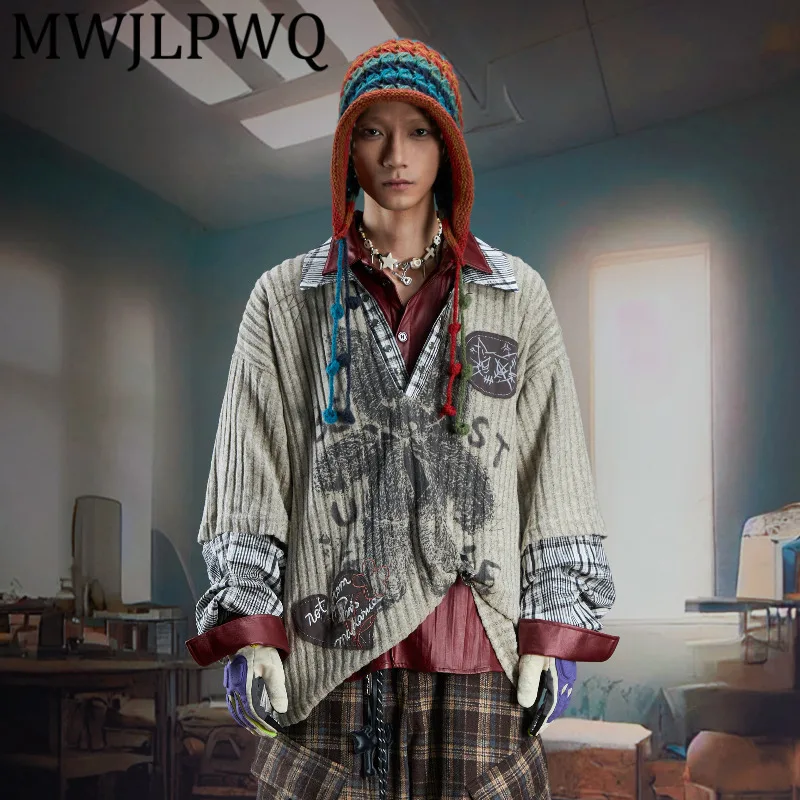 

MWJLPWQ Fake Two-Piece Layered Splicing V-Neck T-Shirt Men's High Street Niched Letter Design Long Sleeve Loose Casual Top 11912