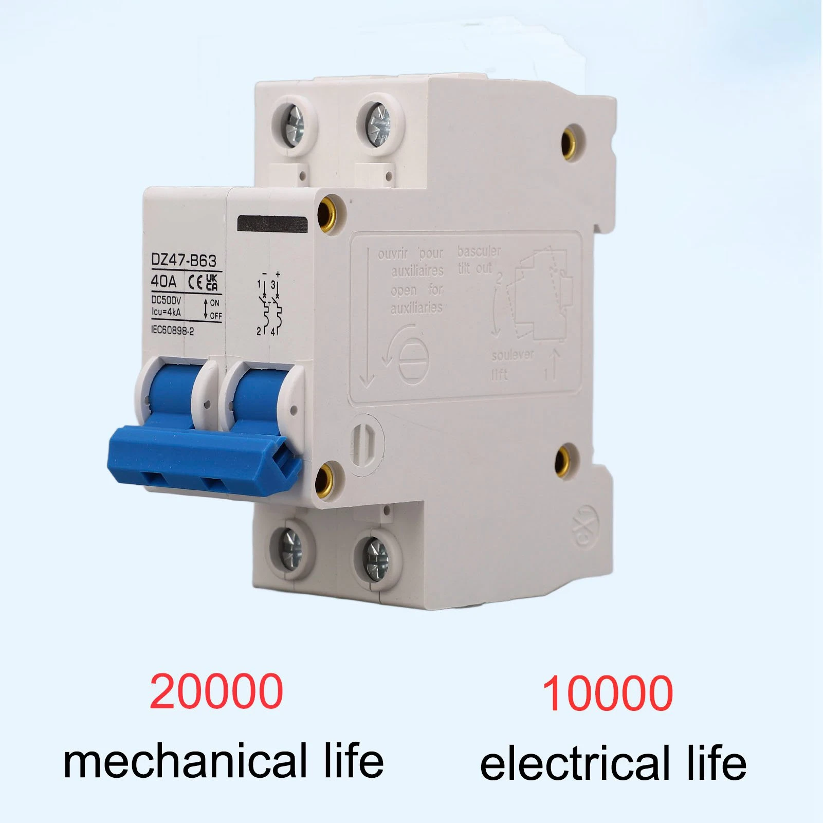 DC Miniature Circuit Breaker DIN Rail Mount Type B 2P 40A 500V for Solar PV System DZ47 B63