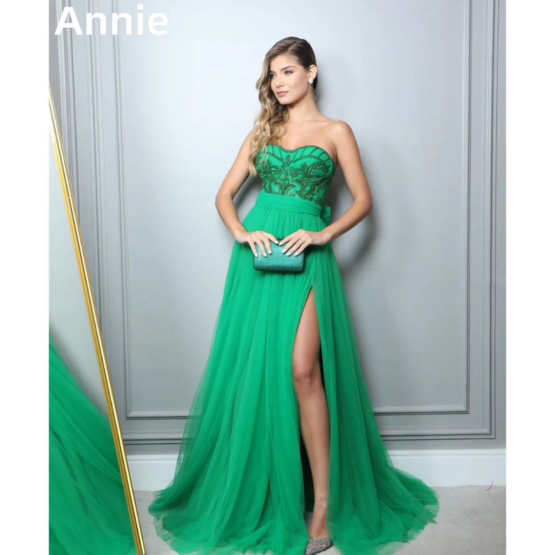 

Annie Elegant Lady Prom Dresses Embroidered Tulle Green 2024 Evening Dress Strapless Side Slit Formal Occasions Party Dress