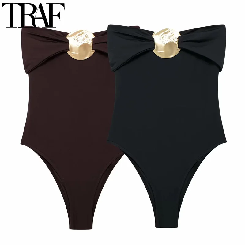 TRAF Off Shoulder Black Bodysuit Women Backless Sexy Women\'s Bodysuits Summer 2024 Strapless Bodycon Brown Body Woman Swimsuit