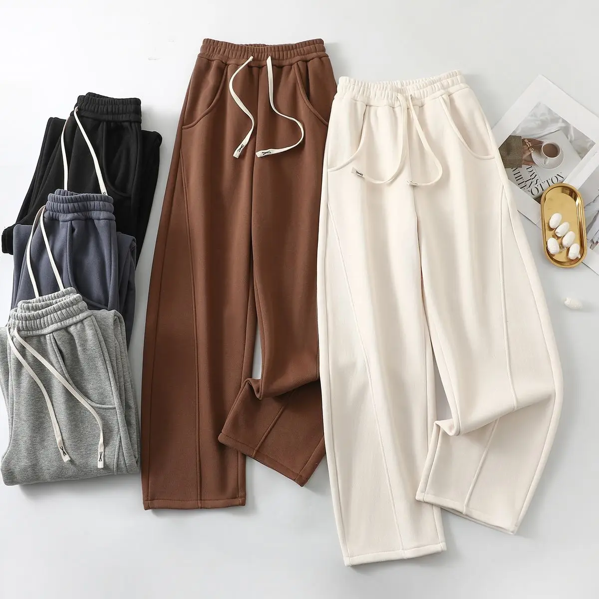 

Зимние плюшевые толстые спортивные брюки для женщин, свободные длинные широкие брюки, свободные повседневные прямые брюки